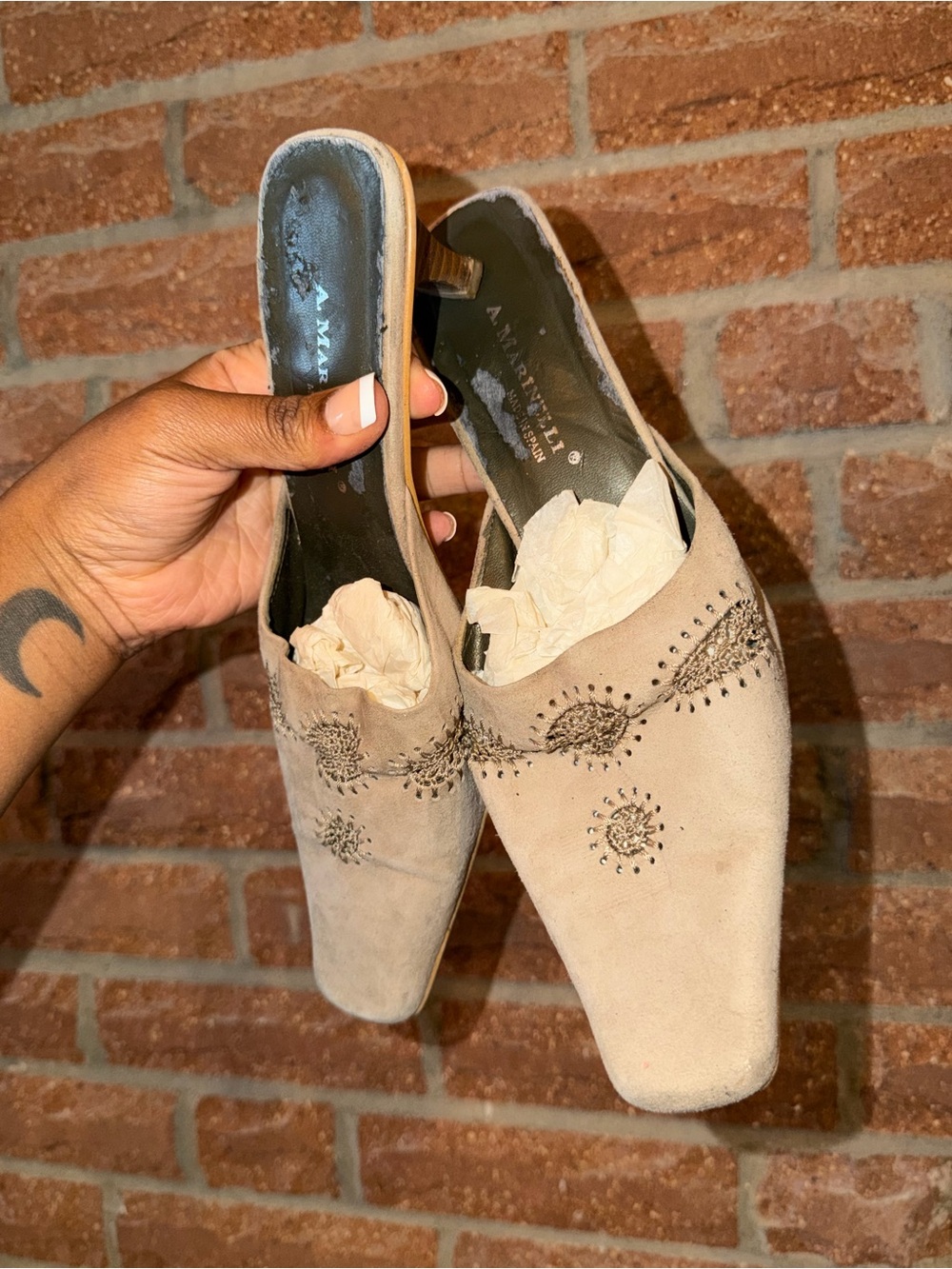 Embellished Beige Suede Mule Slip-Ons